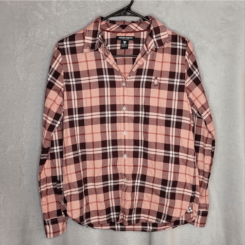 Teenie Weenie 100% cotton Pink Brown Plaid Cotton Flannel Button Up‎ Shirt logo
